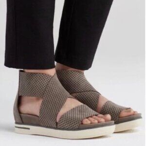 Eileen Fisher Women 9 Taupe Perforated Crisscross Platform Wedge Sandals Zip-up
